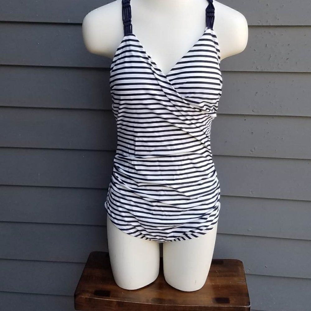 Kona Sol Navy White Stripe One Piece bathing suit size Large